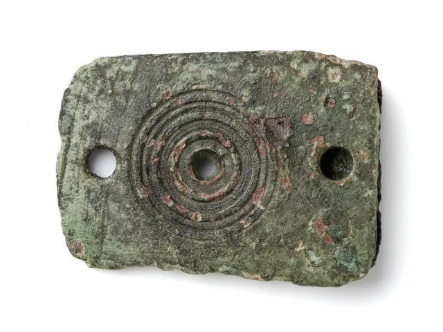 A bronze plate with concentric rings, KLM 35, the twelve millimetres shown below marked